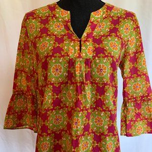 J. Crew Boho Cotton Summer Tunic Bell Sleeves Fuchsia-Orange-Bright Green Sz XS